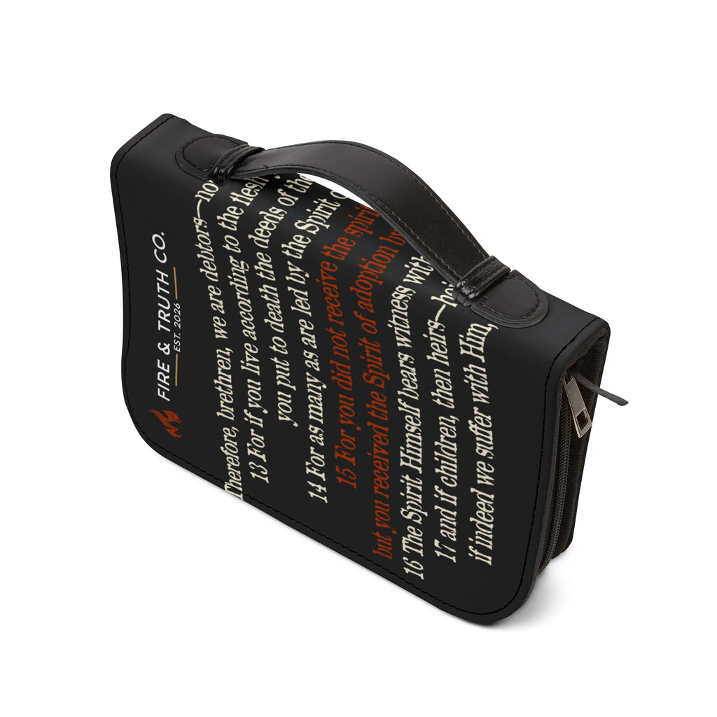 Black ADOPTED Bible Cover with Romans 8 Scripture | Fire & Truth Co. Est. 2026