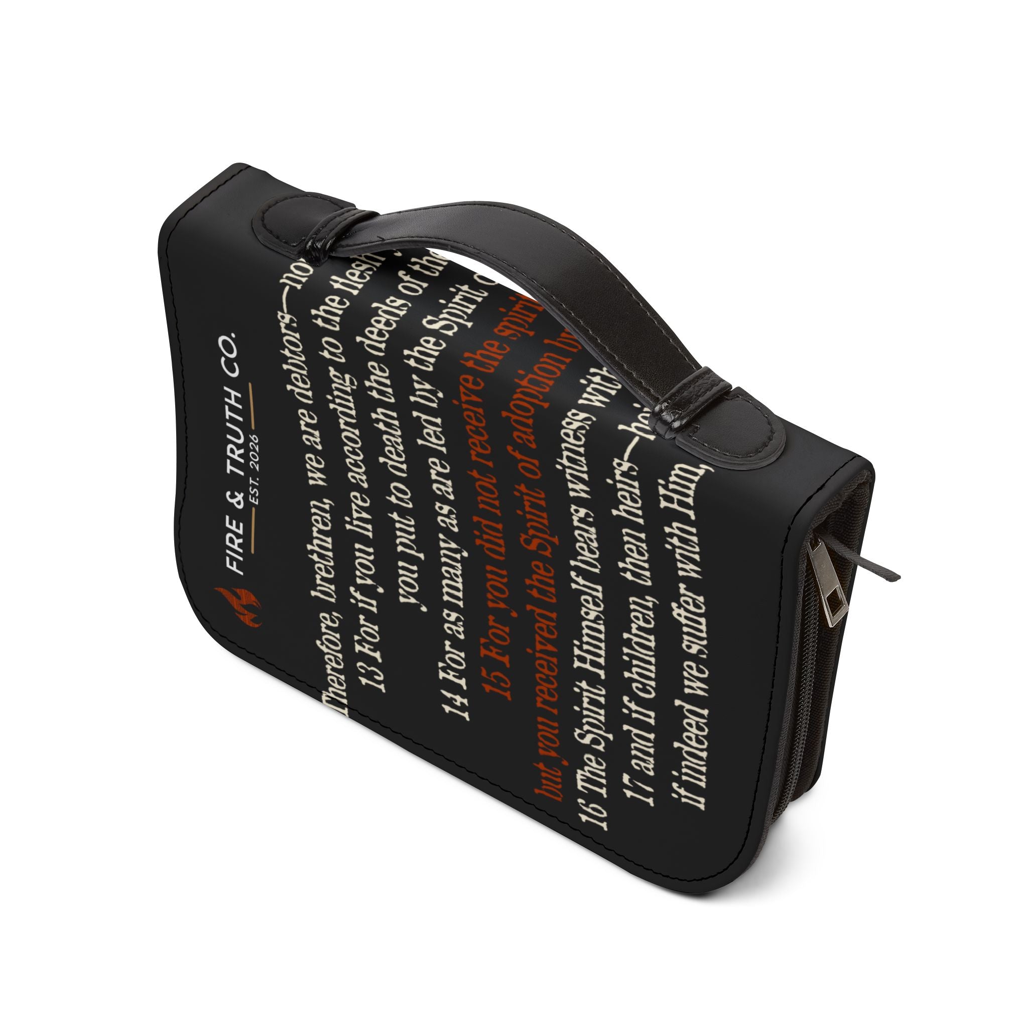 Black ADOPTED Bible Cover with Romans 8 Scripture | Fire & Truth Co. Est. 2026