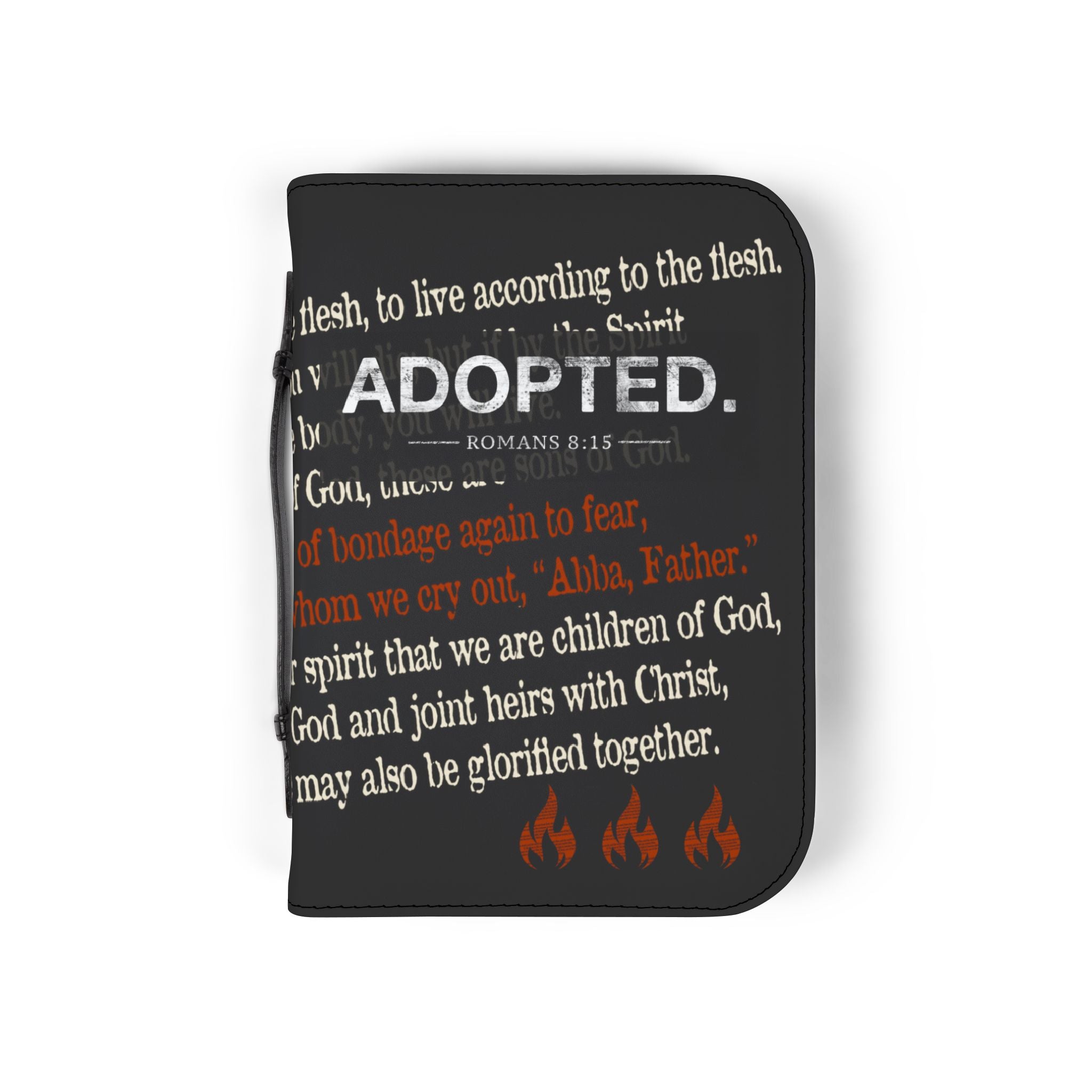 Black ADOPTED Bible Cover with Romans 8 Scripture | Fire & Truth Co. Est. 2026