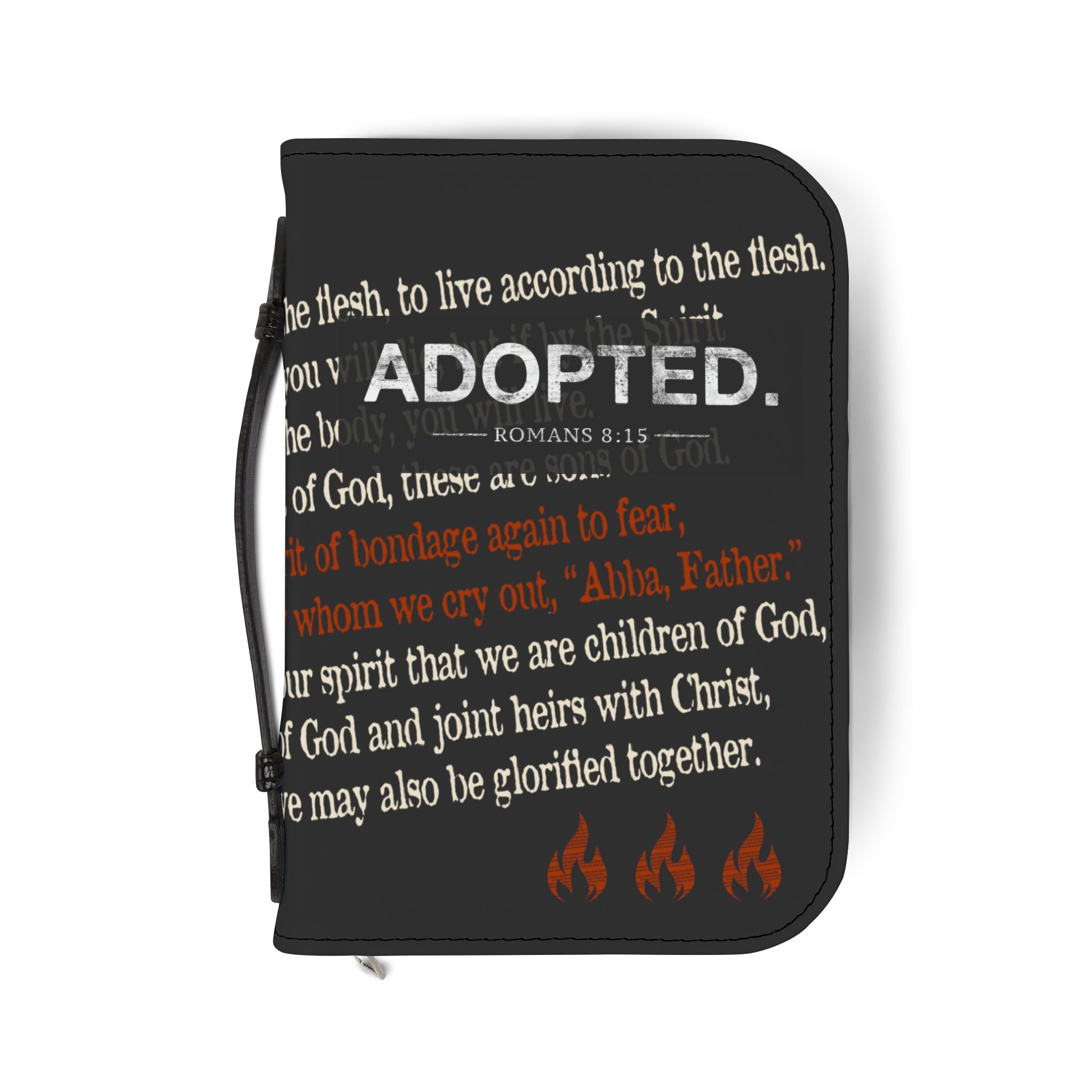 Black ADOPTED Bible Cover with Romans 8 Scripture | Fire & Truth Co. Est. 2026