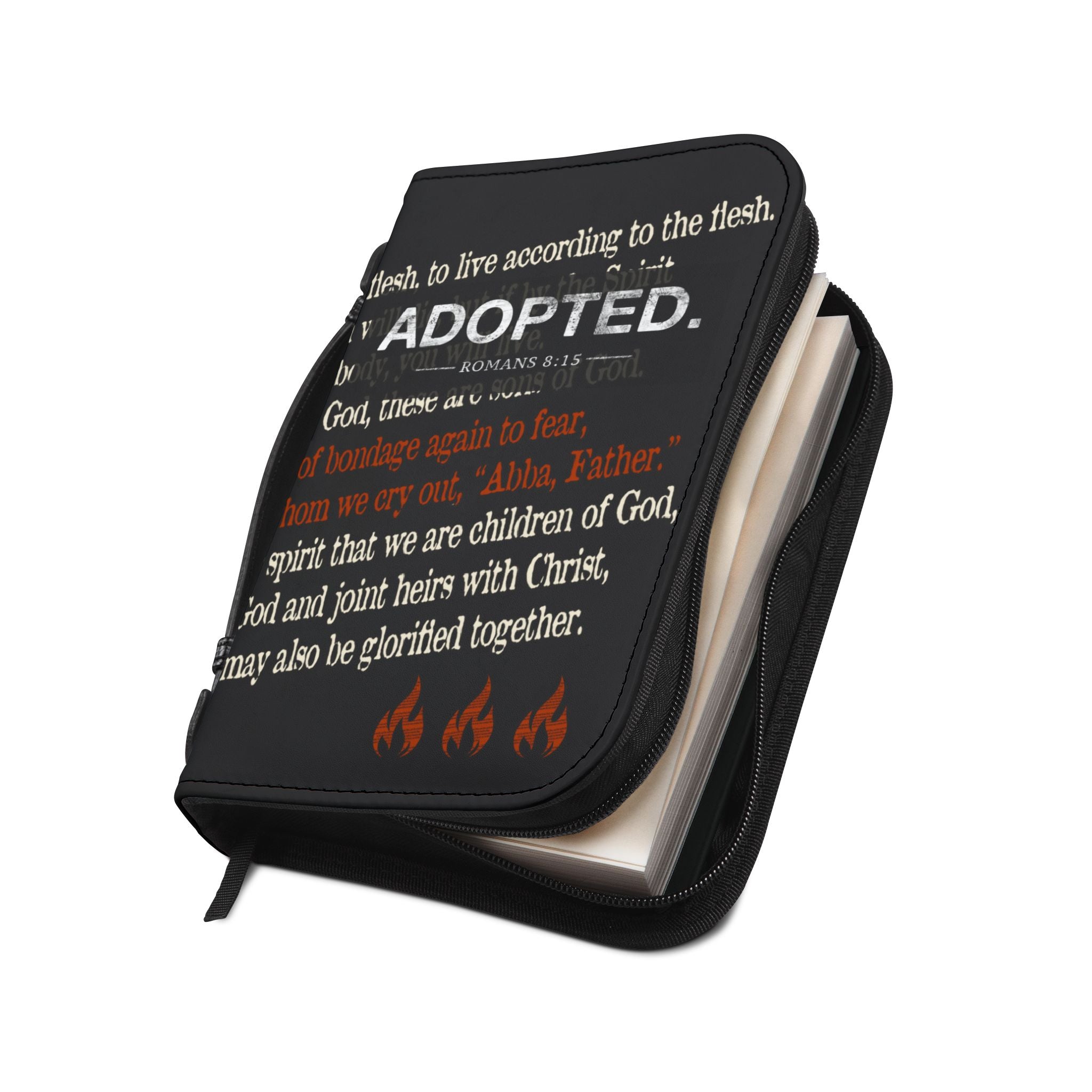 Black ADOPTED Bible Cover with Romans 8 Scripture | Fire & Truth Co. Est. 2026