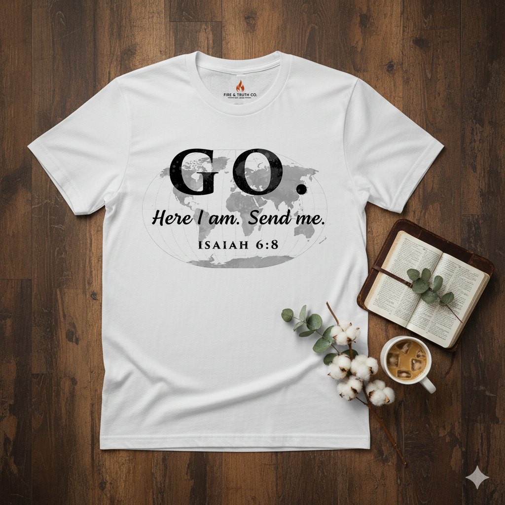 GO. Isaiah 6:8 “Here Am I. Send Me.” Christian T-Shirt | Gildan 65000
