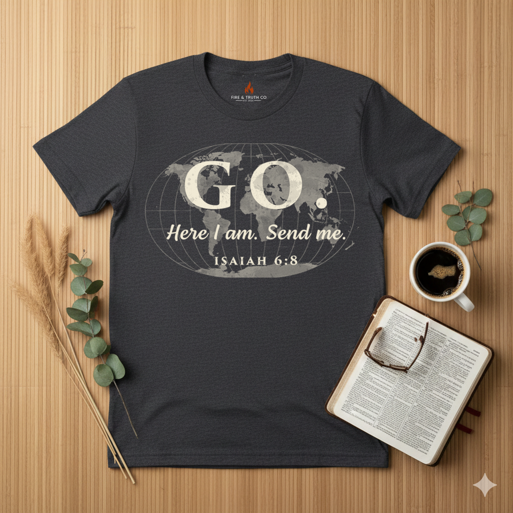 GO. Isaiah 6:8 “Here Am I. Send Me.” Christian T-Shirt | Gildan 65000