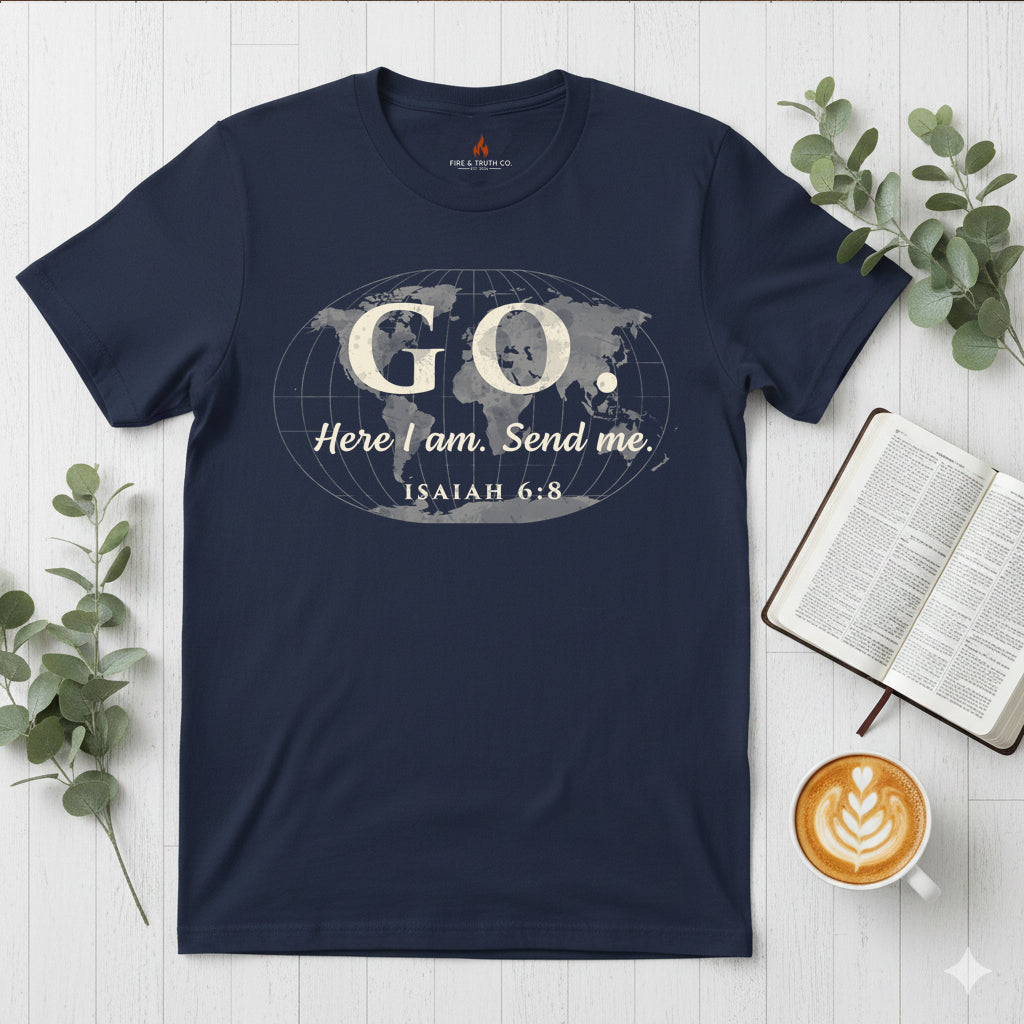 GO. Isaiah 6:8 “Here Am I. Send Me.” Christian T-Shirt | Gildan 65000