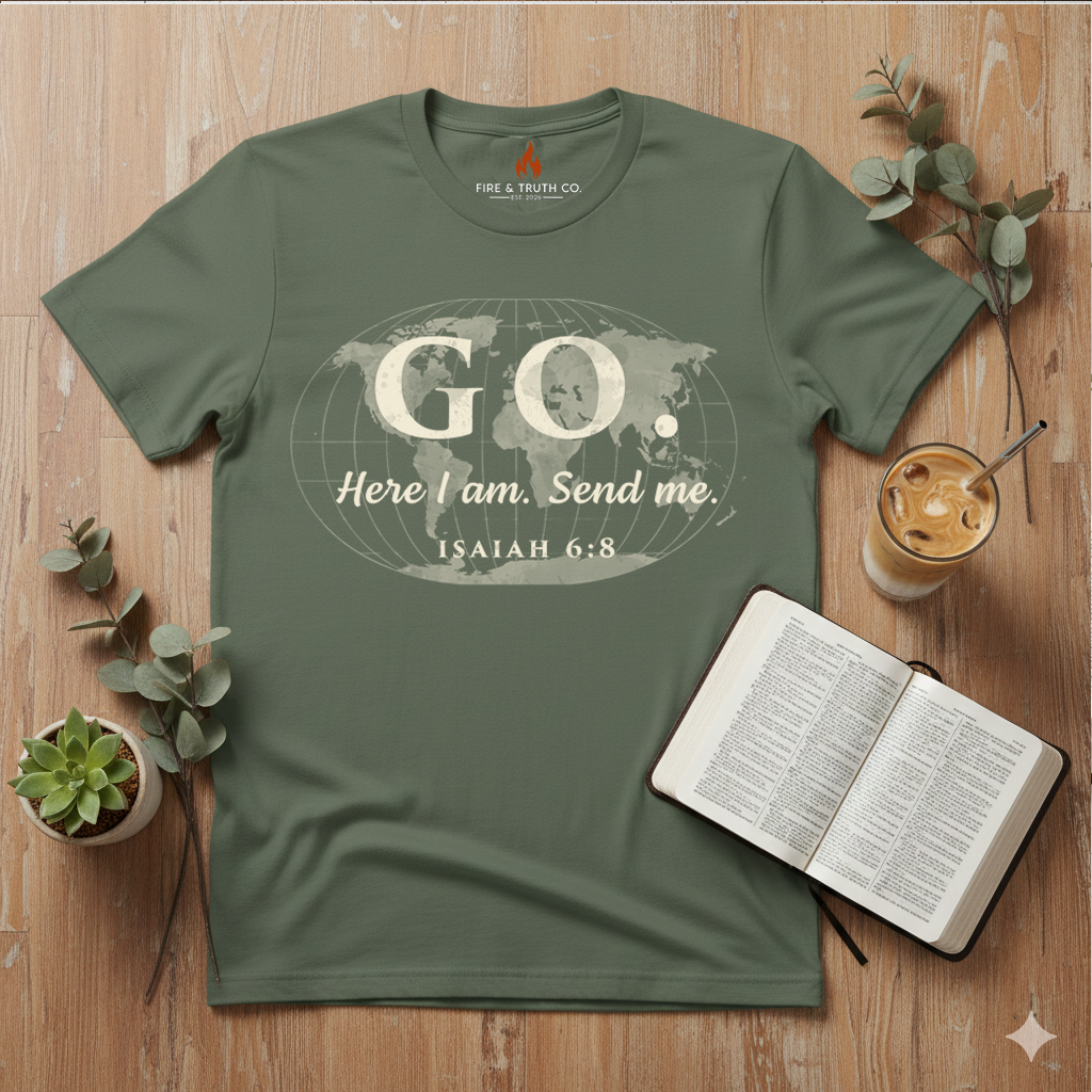 GO. Isaiah 6:8 “Here Am I. Send Me.” Christian T-Shirt | Gildan 65000