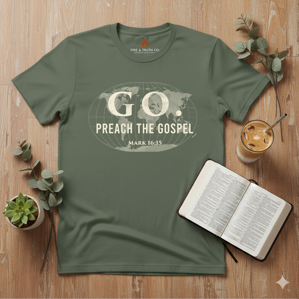GO. Mark 16:15 “Preach the Gospel” Christian T-Shirt | Gildan 65000