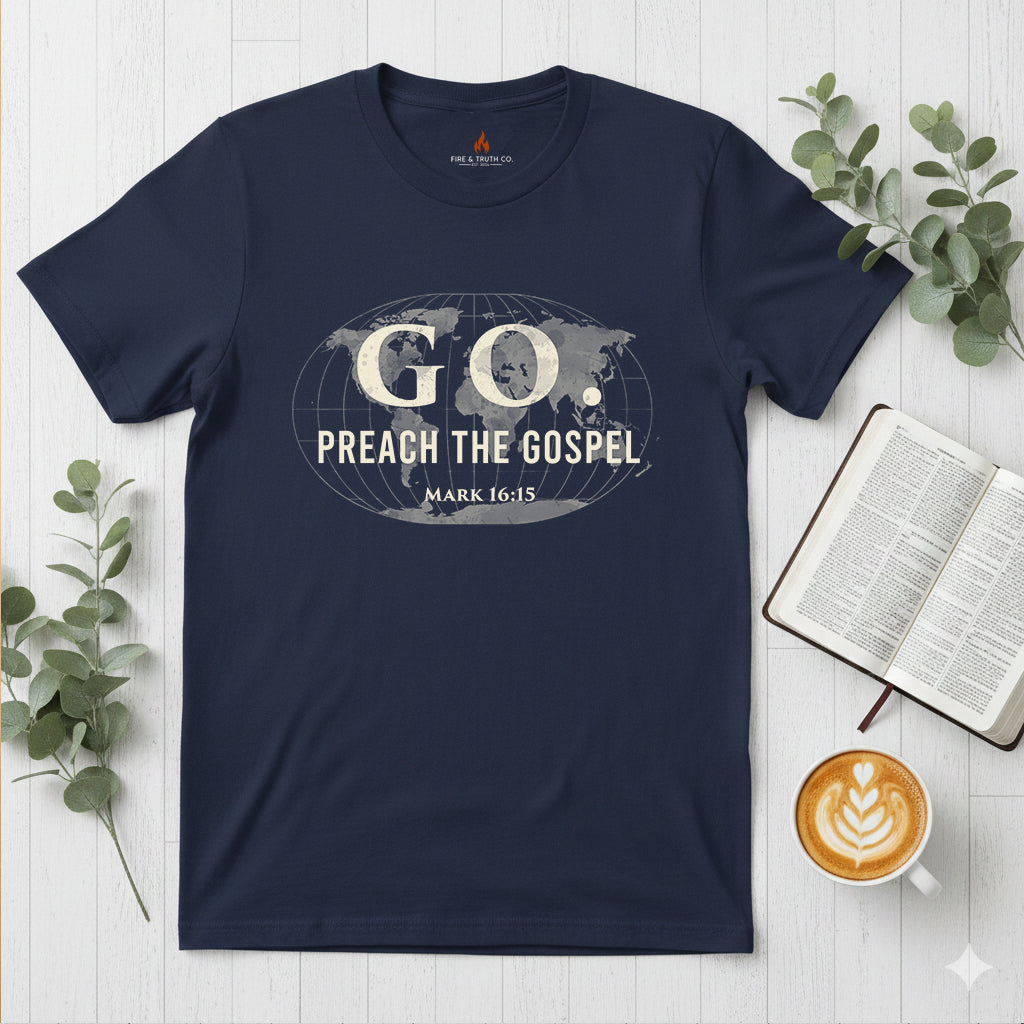 GO. Mark 16:15 “Preach the Gospel” Christian T-Shirt | Gildan 65000