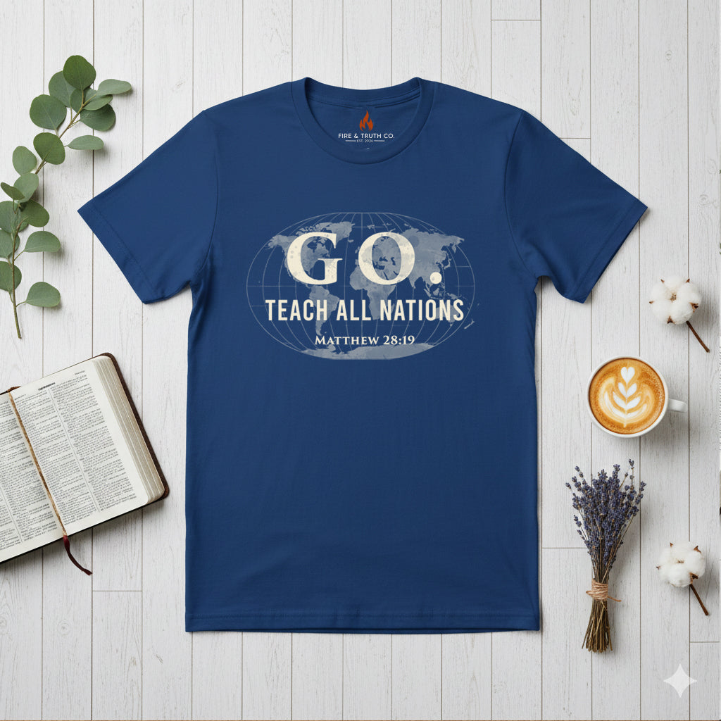 GO. Matthew 28:19 “Teach All Nations” Christian T-Shirt | Gildan 65000