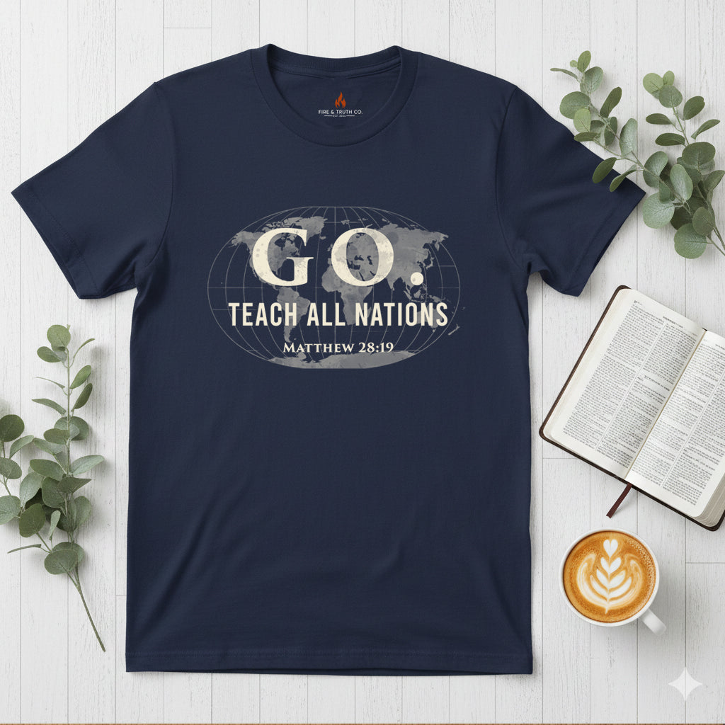 GO. Matthew 28:19 “Teach All Nations” Christian T-Shirt | Gildan 65000
