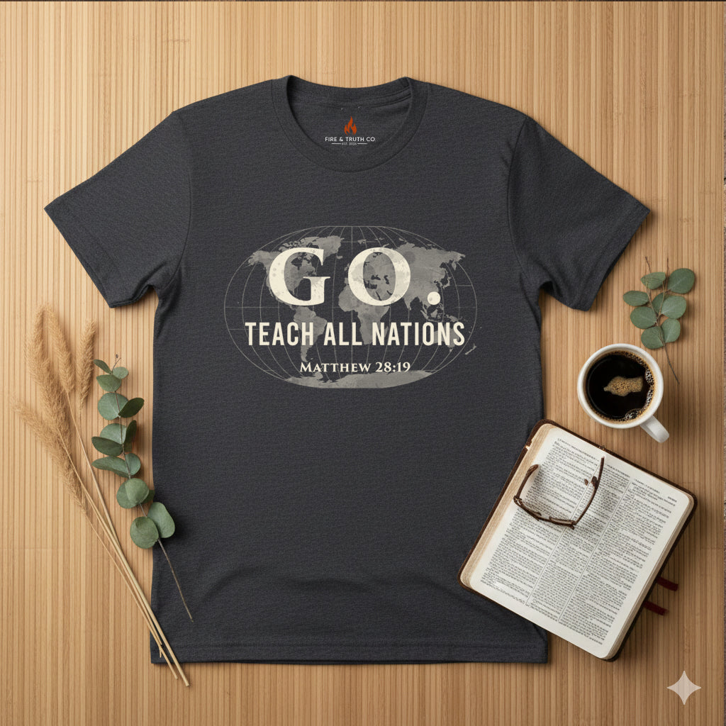GO. Matthew 28:19 “Teach All Nations” Christian T-Shirt | Gildan 65000