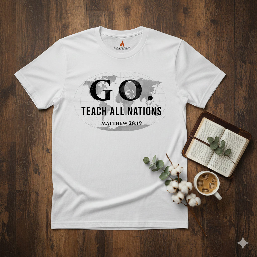 GO. Matthew 28:19 “Teach All Nations” Christian T-Shirt | Gildan 65000