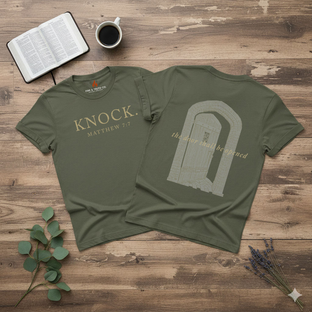 KNOCK.--Matthew 7:7 Unisex Jersey Short Sleeve Tee (The Path Collection)