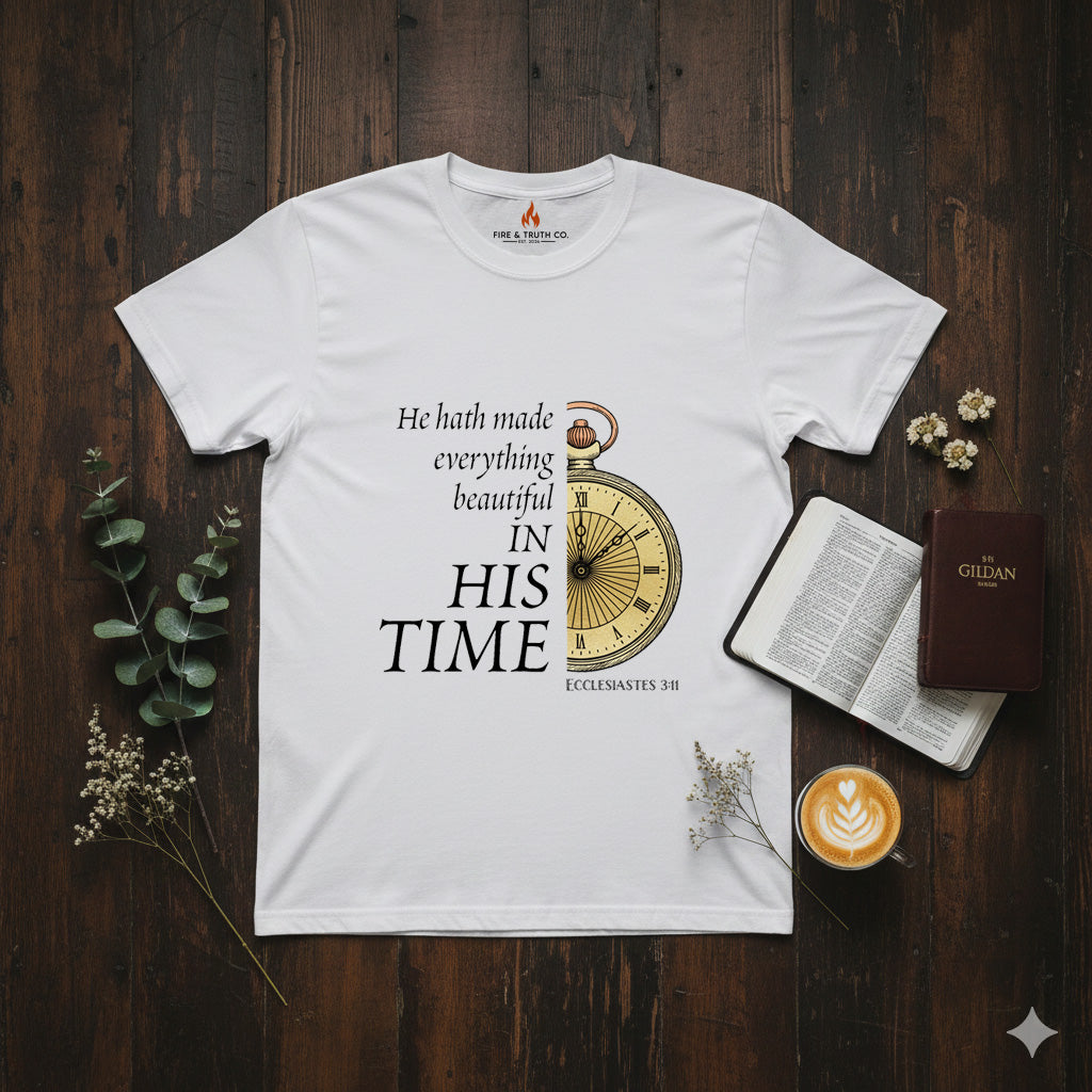 In His Time Christian T-Shirt – Ecclesiastes 3:11 | Fire & Truth Co. (Gildan 65000)