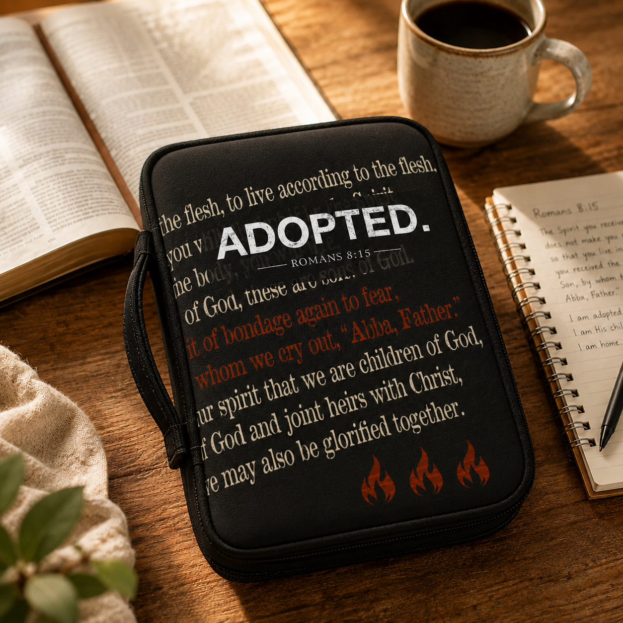 Black ADOPTED Bible Cover with Romans 8 Scripture | Fire & Truth Co. Est. 2026