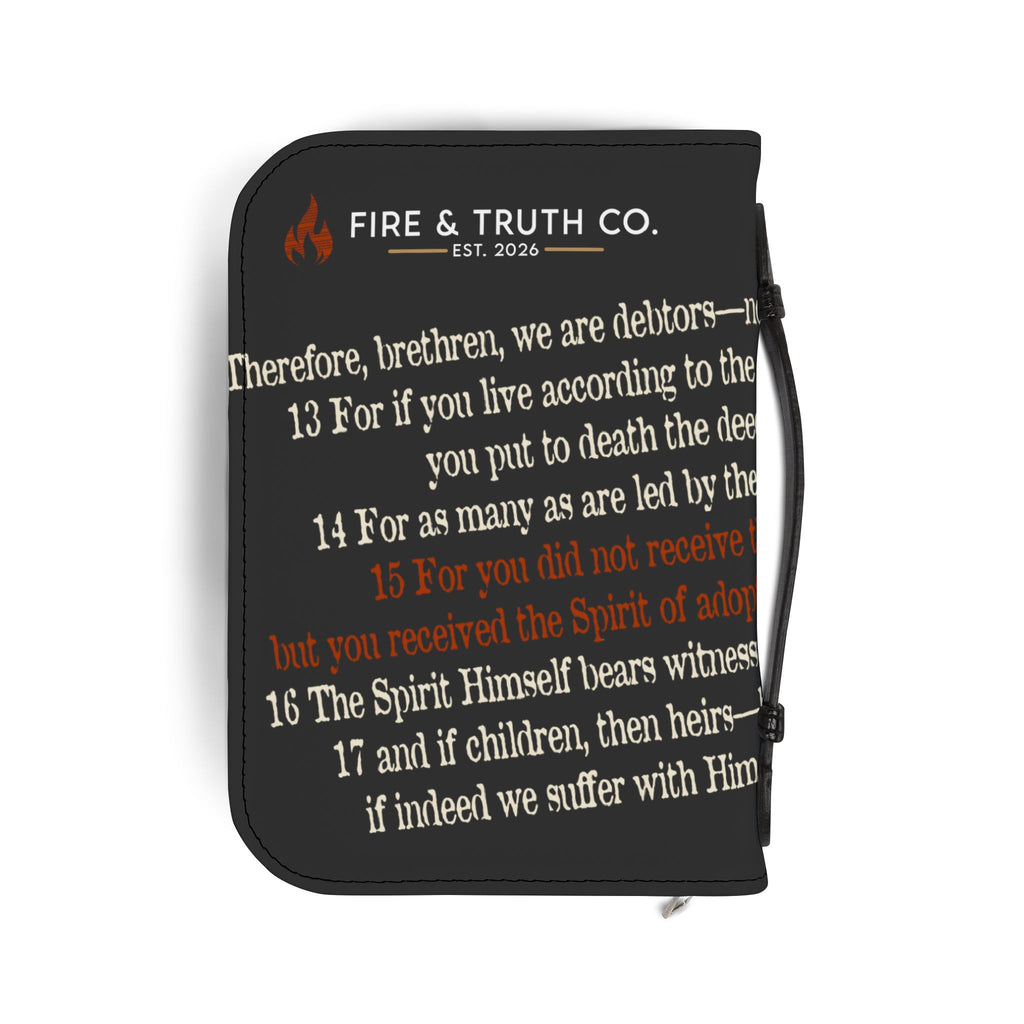 Black ADOPTED Bible Cover with Romans 8 Scripture | Fire & Truth Co. Est. 2026
