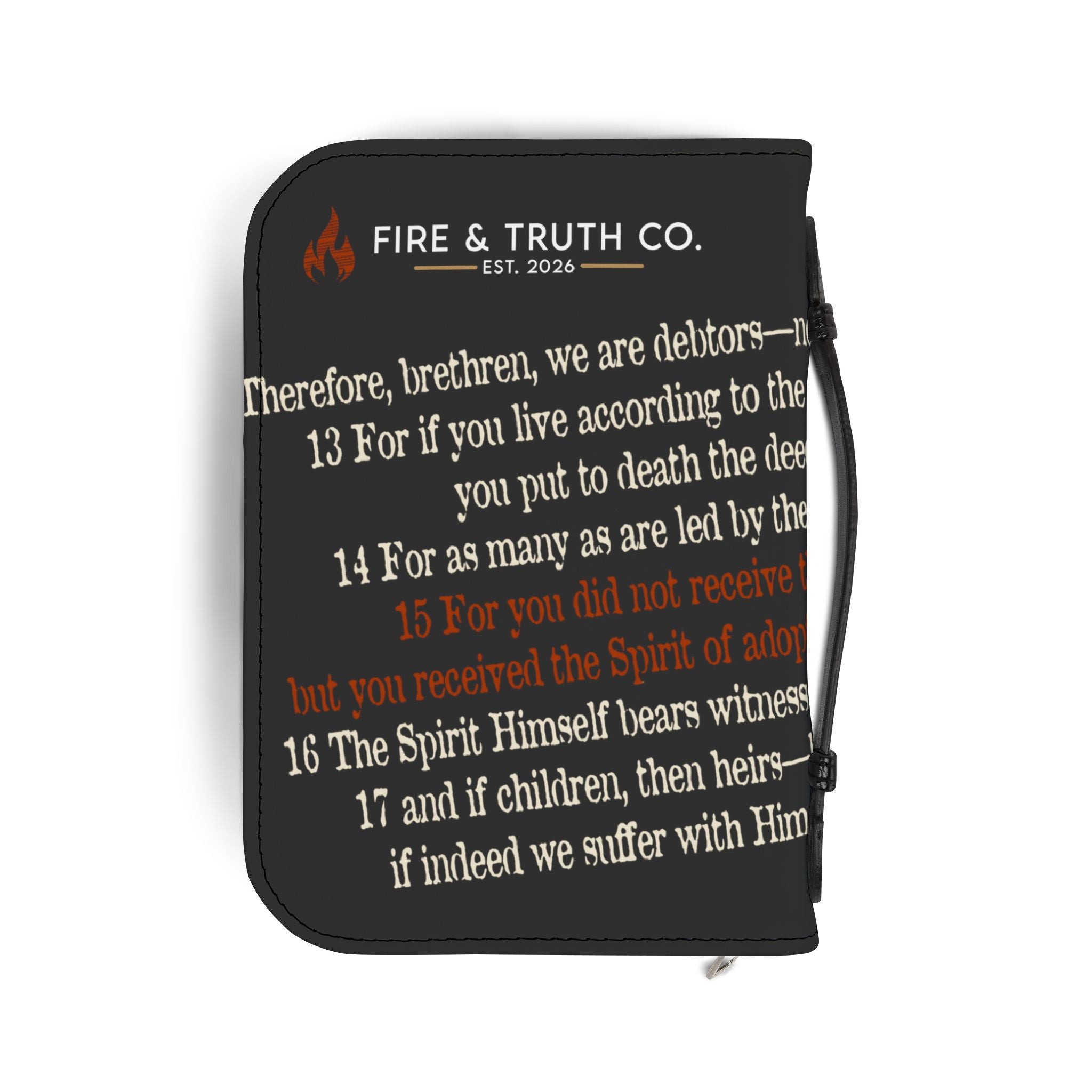 Black ADOPTED Bible Cover with Romans 8 Scripture | Fire & Truth Co. Est. 2026