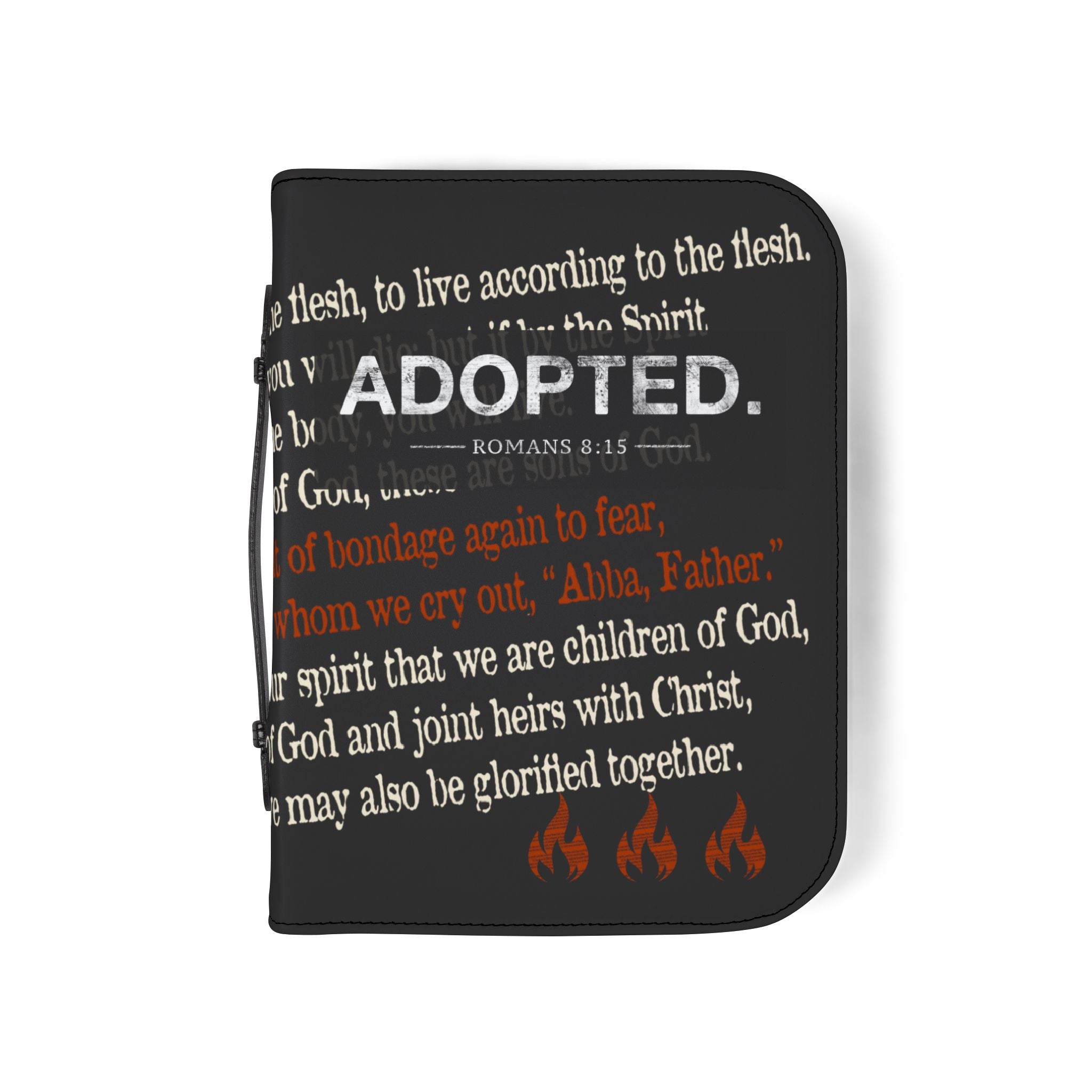 Black ADOPTED Bible Cover with Romans 8 Scripture | Fire & Truth Co. Est. 2026