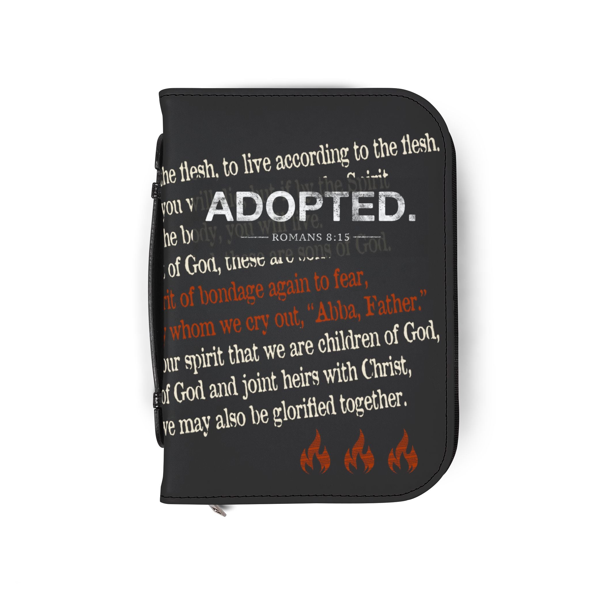 Black ADOPTED Bible Cover with Romans 8 Scripture | Fire & Truth Co. Est. 2026