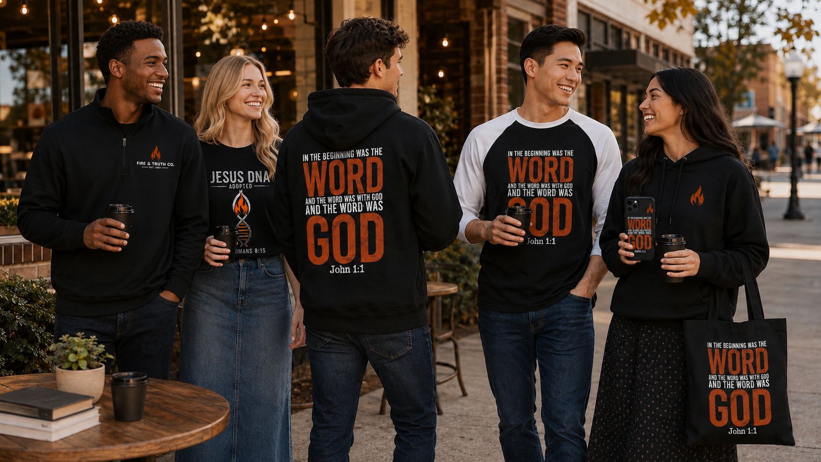 Group of young men and women wearing Fire & Truth Co. Witness Wear.